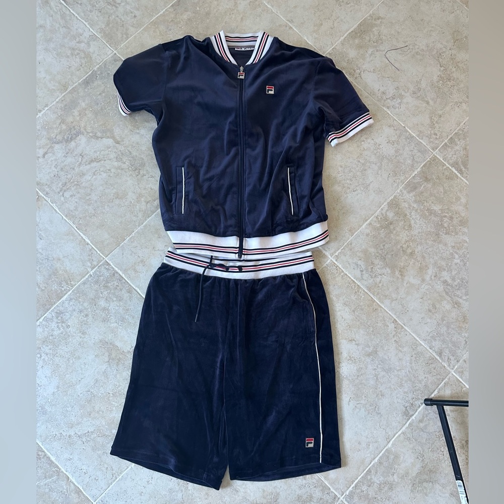 Fila Velour Shirt and Short Set Mens Large Blue